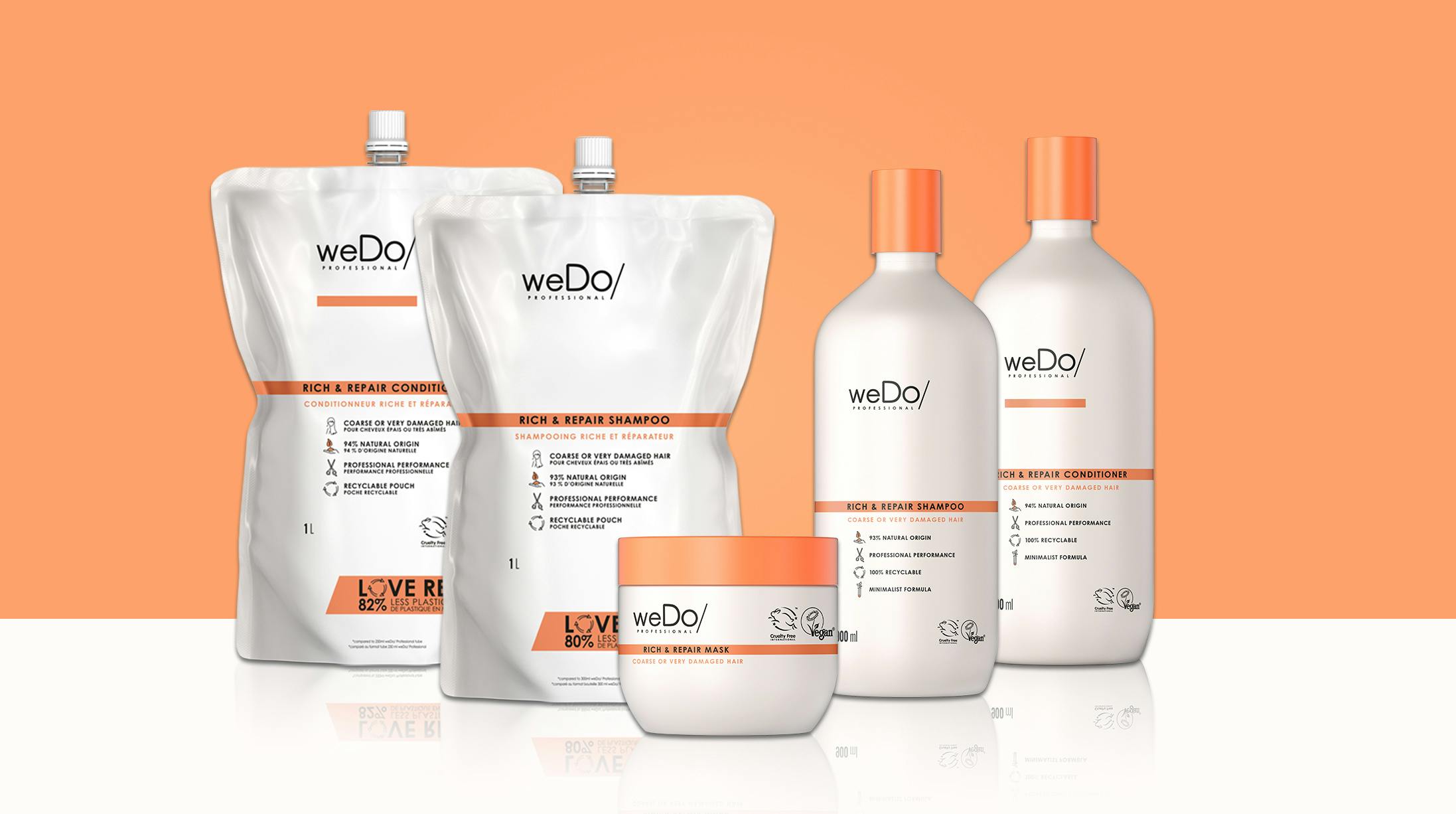 weDo Rich&Repair care line range of recyclable, vegan hair products